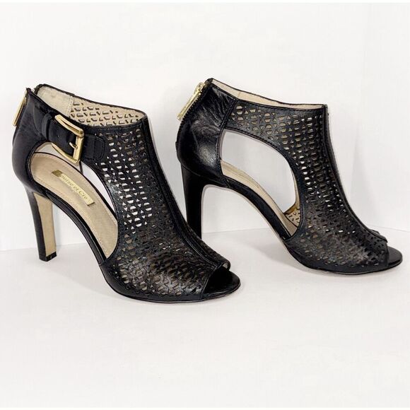 Louise et Cie Black Leather Heels Olivia Perforated Peep Toe Pump Buckle Size 6 - Picture 6 of 15